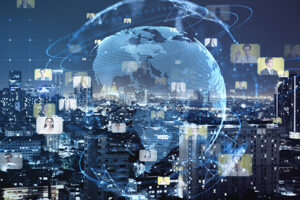 Image of globe superimposed over a cityscape; NCR ATM service is the future